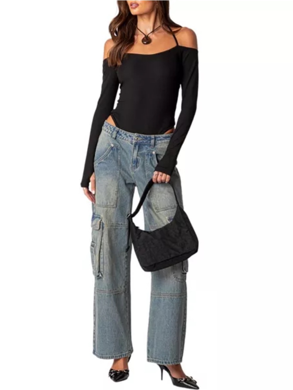 Edikted Black Off-Shoulder Long Sleeve Bodysuit with Strap Detail